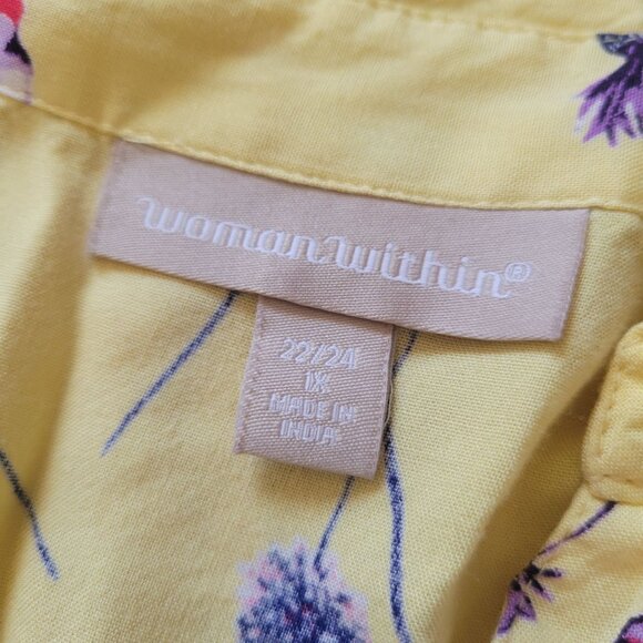 Woman Within Floral Button-Up Blouse Yellow With Pink & Purple Flowers Size 1X 2 - Picture 6 of 6